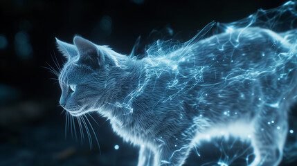 Offering an epic style that captivates the imagination and heralds a new era of visual storytelling. a realistic hologram of a transparent cat, glowing white with ethereal radiance, epic style. - obrazy, fototapety, plakaty