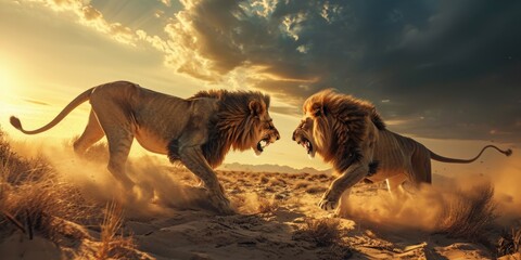 large fight lions in the desert with golden sunset - obrazy, fototapety, plakaty