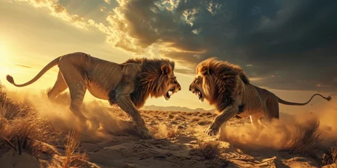 Fotobehang large fight lions in the desert with golden sunset © Landscape Planet