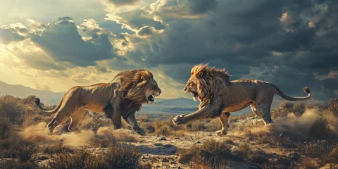 Zelfklevend Fotobehang two lions fighting against each other at sunset © Landscape Planet