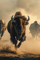 herd of bison on the open plains, in the style of aggressive digital illustration, dusty piles