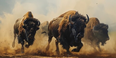 several bison running on the desert, mist - obrazy, fototapety, plakaty