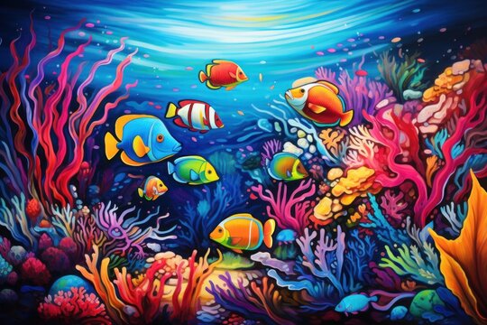  a painting of an ocean scene with fish and corals on the bottom and bottom of the painting on the bottom and bottom of the bottom of the picture.