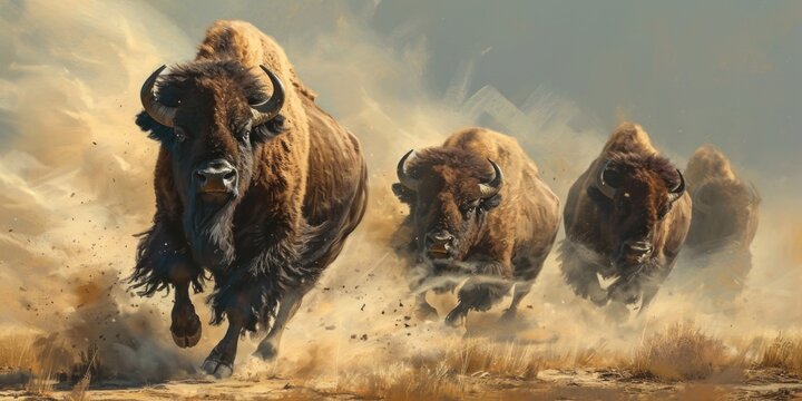 several bison running on the desert, mist