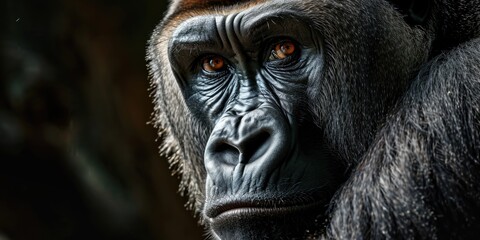 Obraz premium an adult female gorilla is staring as it is dark behind it, in the style of intense portraiture