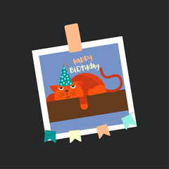 Flat Design Happy Birthday Illustration with Lazy Cat Photo and Sticker 