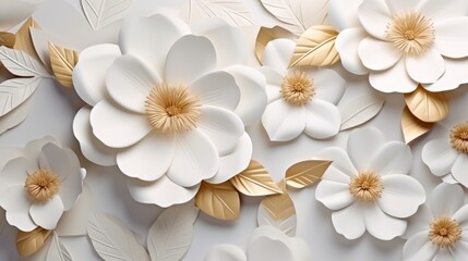 Abstract Background with White Paper Flowers and Golden Leaves AI Generated