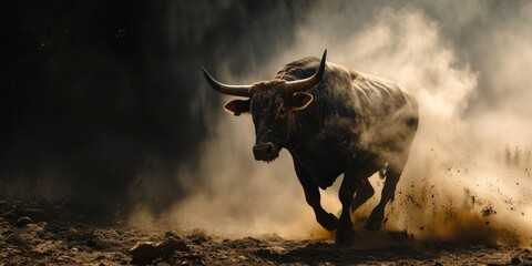 bull with wide black horns running - obrazy, fototapety, plakaty