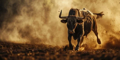 Poster bull with wide black horns running © Landscape Planet