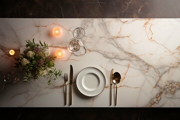 Mockup poster on a dining table made of marble. View from above