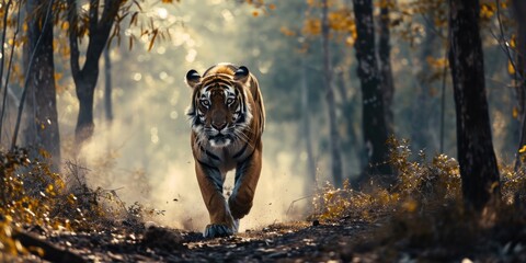 a tiger running through the forest with trees behind it, in the style of photorealistic portraits, intense action scenes, dusty piles, aerial photography - obrazy, fototapety, plakaty