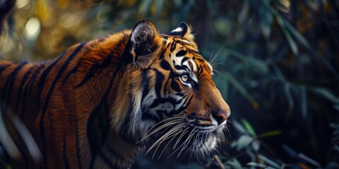 A Malaysian tiger in a rainforest under the sun, soft focus background