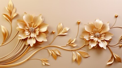 Golden Background with 3D Wallpaper Flowers and Stems AI Generated