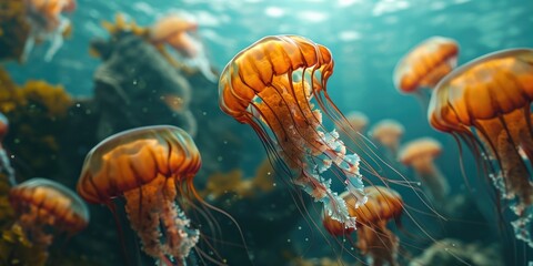 some jellyfish are swimming underwater in a shallow space, in the style of luminous 3d objects, light magenta and orange