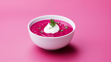 beetroot soup with sour cream in white bowl isolated on pink background