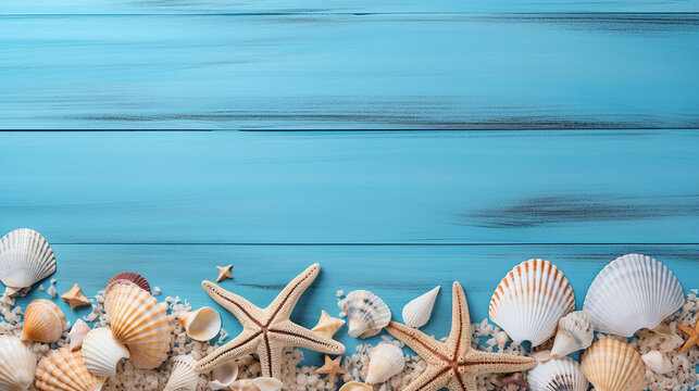 beach scene concept with sea shells and starfish on a blue wooden board background top view