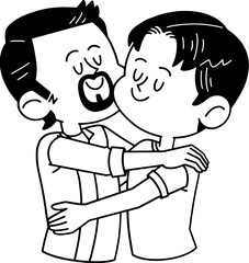 Cute gay couple hugging, valentine cartoon outline illustration