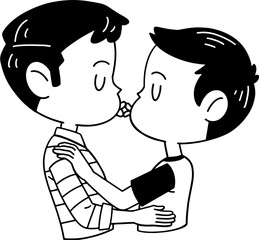 Cute gay couple hugging and kissing, valentine cartoon outline illustration