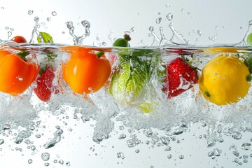 Vegetables and Fruits thrown and dropped into sparkling water, many bubbles,  