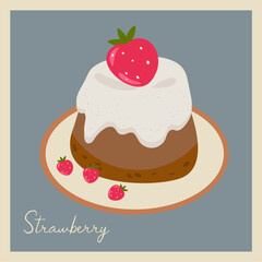 Flat Design Illustration with Cupcake and Cream Vanilla, Strawberry