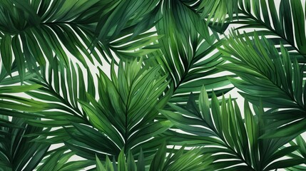 Fototapeta na wymiar Green Watercolor Wallpaper of Tropical Plants and Palm Leaves AI Generated