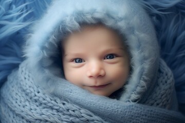 Fototapeta na wymiar Portrait of smiling newborn baby wrapped in blue blanket: