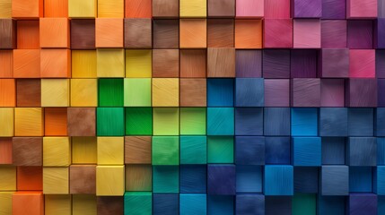 Abstract Geometric Rainbow Colors Wooden Square Cubes Texture Wall Background AI Generated