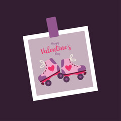 Flat Design  Happy Valentine's Day Illustration with Roller Skaters Photo  and Sticker 