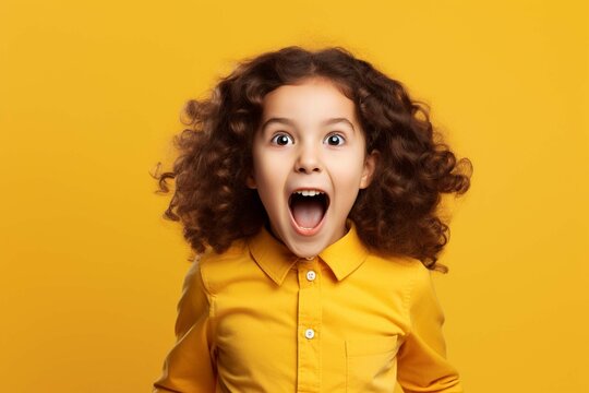 Portrait Of Young Excited Shocked Crazy Smiling Girl Child Kid Hold Hands Isolated On Yellow Color Background