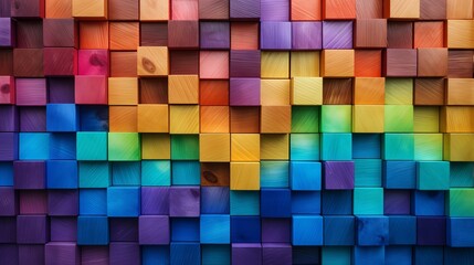Fototapeta na wymiar Abstract Geometric Rainbow Colors Wooden Square Cubes Texture Wall Background AI Generated