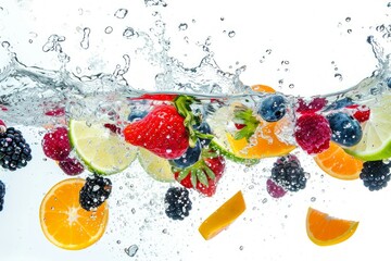 Fruits thrown and dropped into sparkling water, many bubbles,  Fruits were thrown into the sparkling water and dropped, many bubbles 