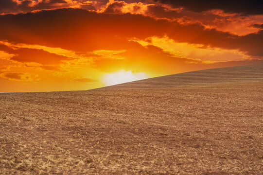 Experience a moment frozen in time, where a plowed field meets the vast expanse of a spectacular sunset. Admire the sheer beauty of this rural landscape, Enchanting Landscape