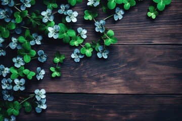 Wooden background with clover leaves, setting the tone for St. Patrick's festivities. Copy space with text. Generative AI