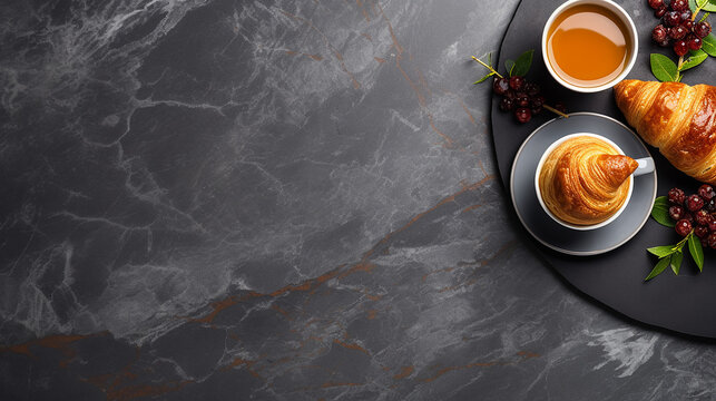 Continental Breakfast On Stone Table From Above Top View Flatlay