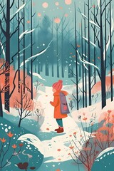 children s Book Illustration Style, Pastell colours, Bohemien, flat Colours, winter, very simple,.