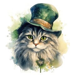 Cute saint patricks day cat with an elegant hat. Generative AI