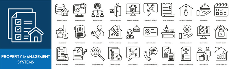 Property Management Systems Outline Icon Collection. Property Database, Reservation System, Room Allocation, Property Dashboard, Maintenance Requests, Check In and Check Out, Billing and Payments - obrazy, fototapety, plakaty