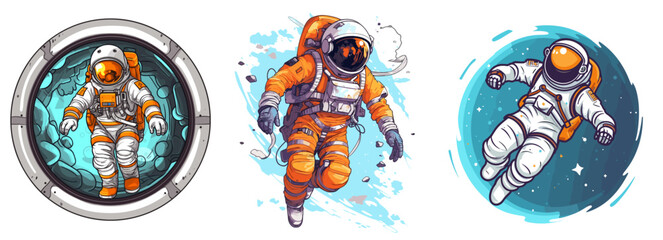 astronaut collection different colors, spacecraft illustration - obrazy, fototapety, plakaty