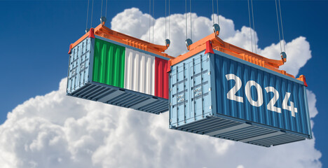 Trading 2024. Freight container with Italy national flag. 3D Rendering  - 705000659
