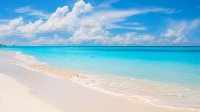 Sunny Day on Beautiful Sandy Beach with Calm Turquoise Ocean and White Clouds AI Generated