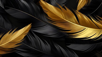 Beautiful Abstract Wallpaper with Black and Gold Feathers AI Generated