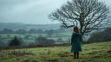 Girl child in teal coat stands in green field with barren tree
