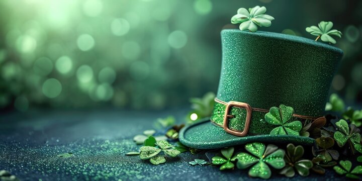A green hat with shamrocks on top of it. St Patrick's Day wallpaper background with copy-space.