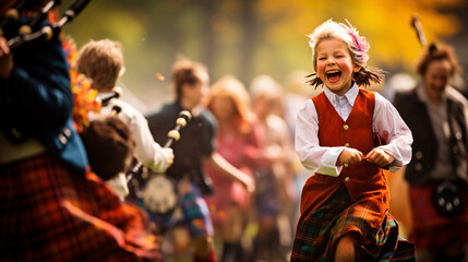 Fototapeta na wymiar Joyful ethnic galic festival celebration, in colorful dresses 