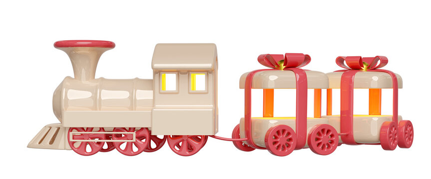 3d locomotive steam cartoon with wagons shaped like a gift box, train transport toy, happy new year. 3d render illustration