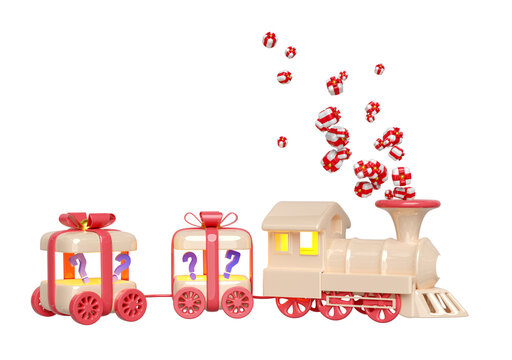 3d locomotive steam cartoon with wagons shaped like a gift box, question mark, train transport toy, happy new year. 3d render illustration
