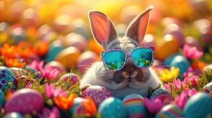 Fototapeta na wymiar A rabbit wearing sunglasses surrounded by easter eggs.