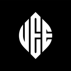 UEE circle letter logo design with circle and ellipse shape. UEE ellipse letters with typographic style. The three initials form a circle logo. UEE circle emblem abstract monogram letter mark vector.