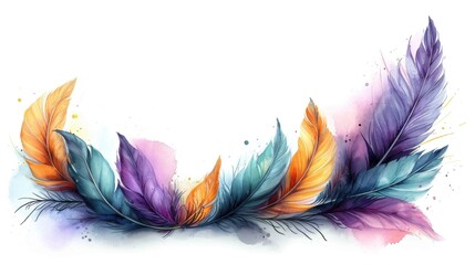 A watercolor painting of colorful feathers on a white background.