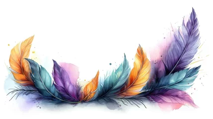 Tuinposter A watercolor painting of colorful feathers on a white background. © tilialucida